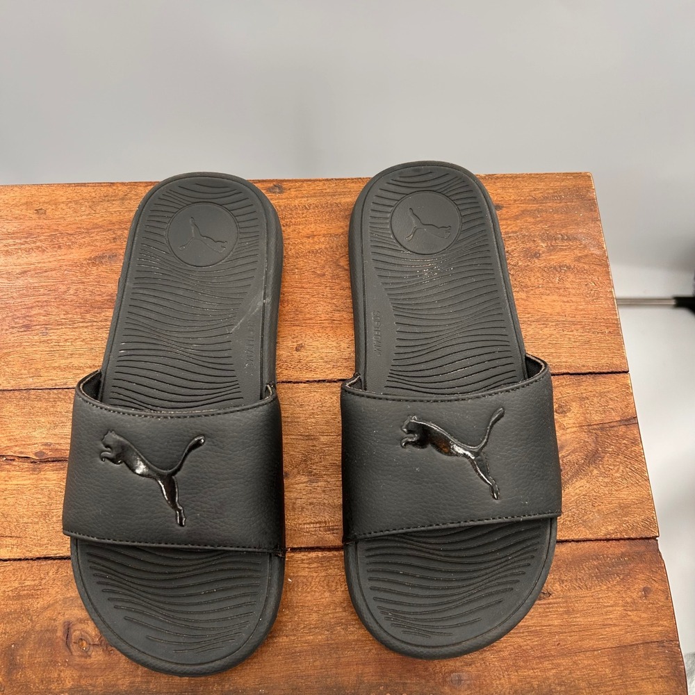 Puma Softride Slides Mens Black Sandals Cat Logo Comfort Foam